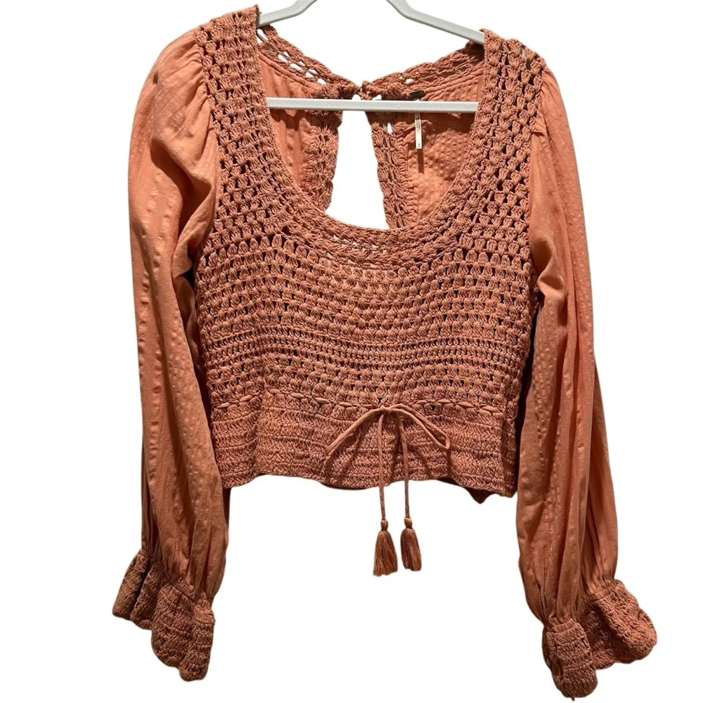 Free People Dusty Rose Crochet Peasant Crop Top